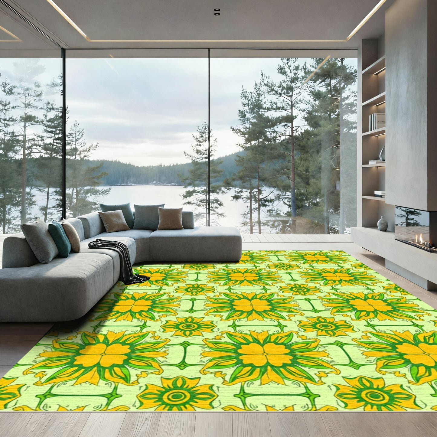 Golden Yellow Green Floral Medallion Rug