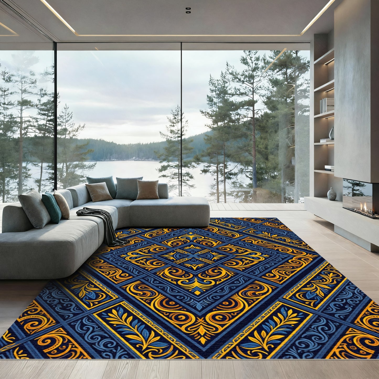Luxe Navy and Gold Geometric Damask Rug
