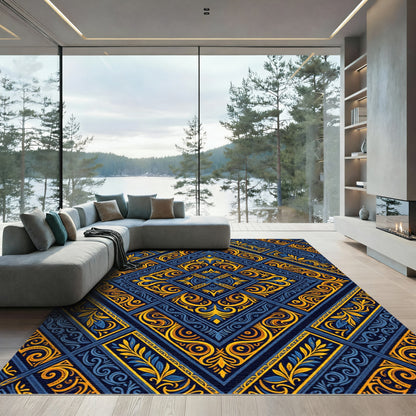 Luxe Navy and Gold Geometric Damask Rug