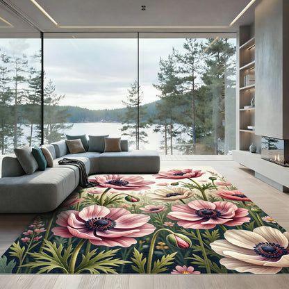 Pink Anemone Floral Watercolor Garden Rug