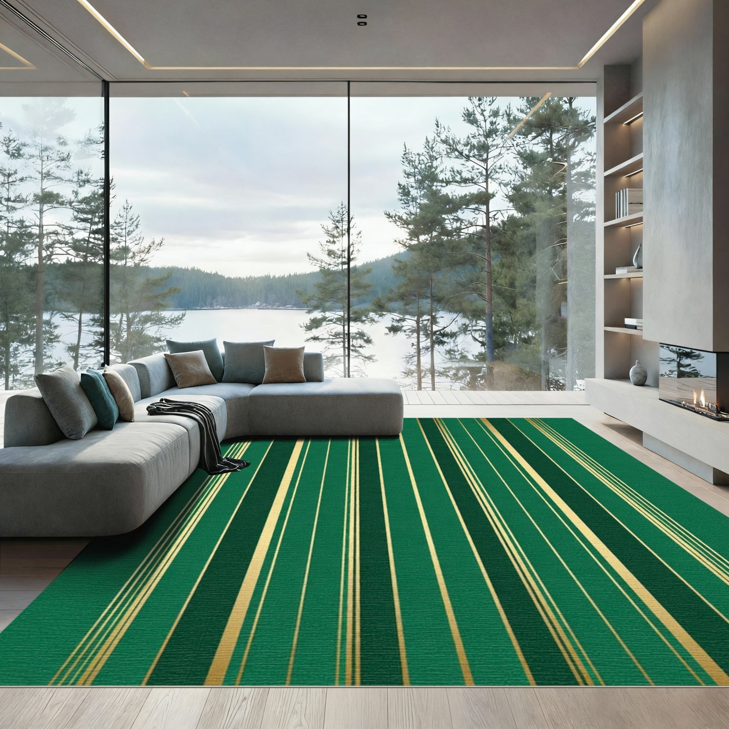 Emerald Green Gold Stripe Elegance Rug