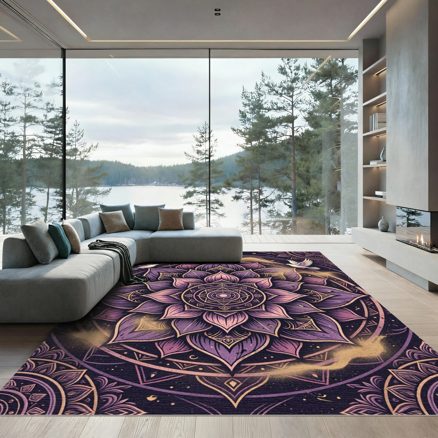 Purple Lotus Mandala with Twin Doves Rug