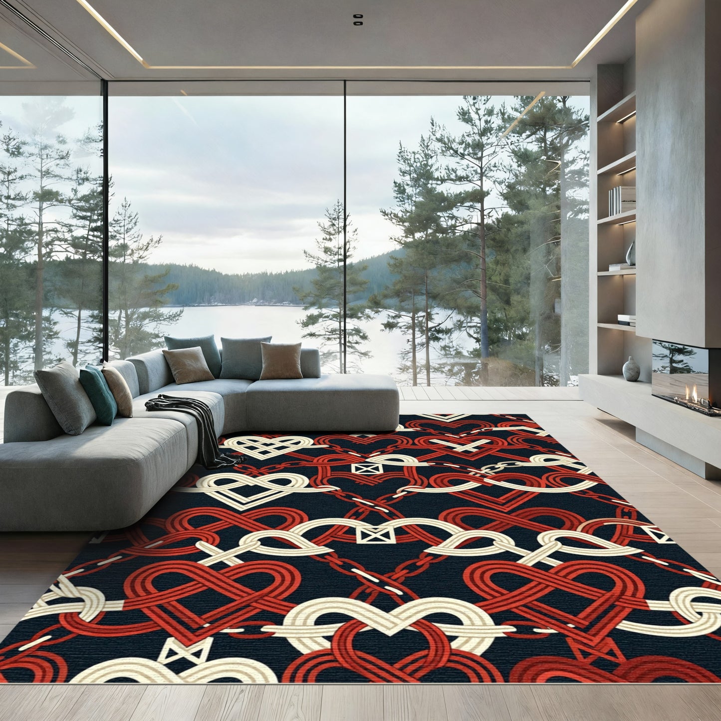 Interlocking Crimson and Cream Heart Weave Rug