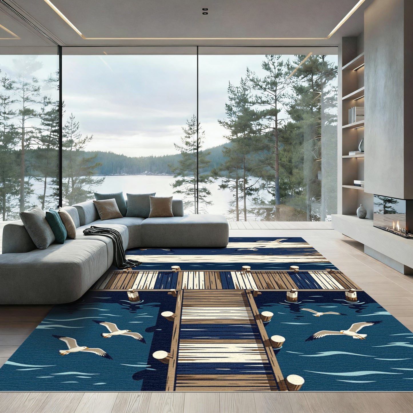 Coastal Navy Striped Pier Seagull Rug