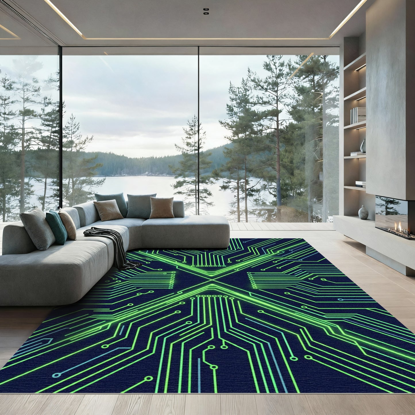 Neon Green Cyber Circuit Grid Rug