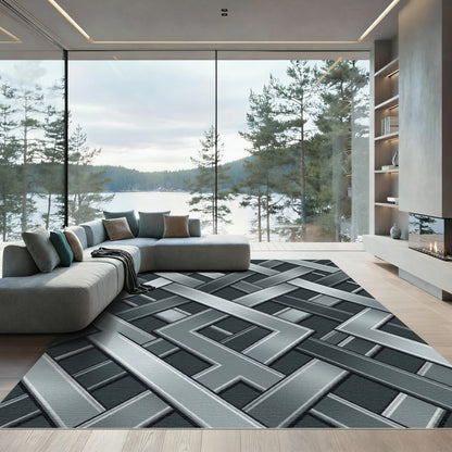Modern Metallic Silver Interlocking Grid Rug