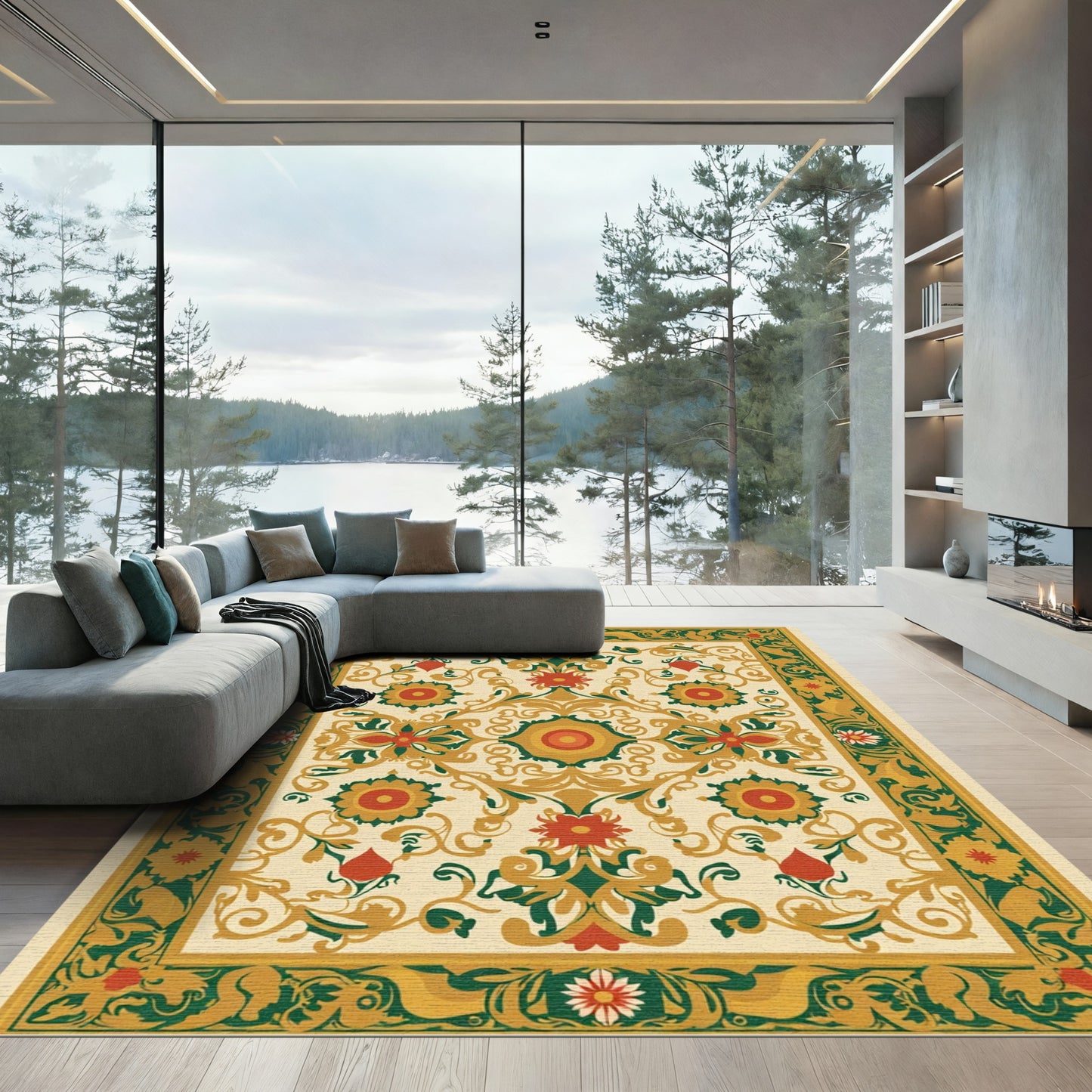 Ornate Red and Green Floral Scroll Rug