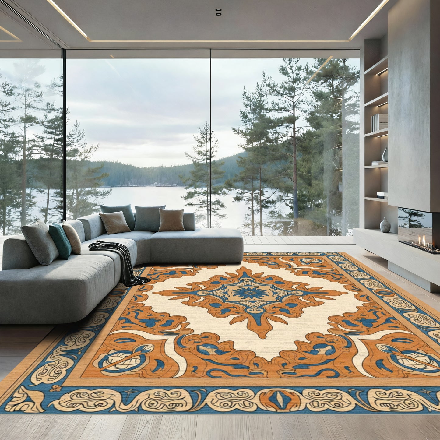 Orange Blue Ornate Central Medallion Rug