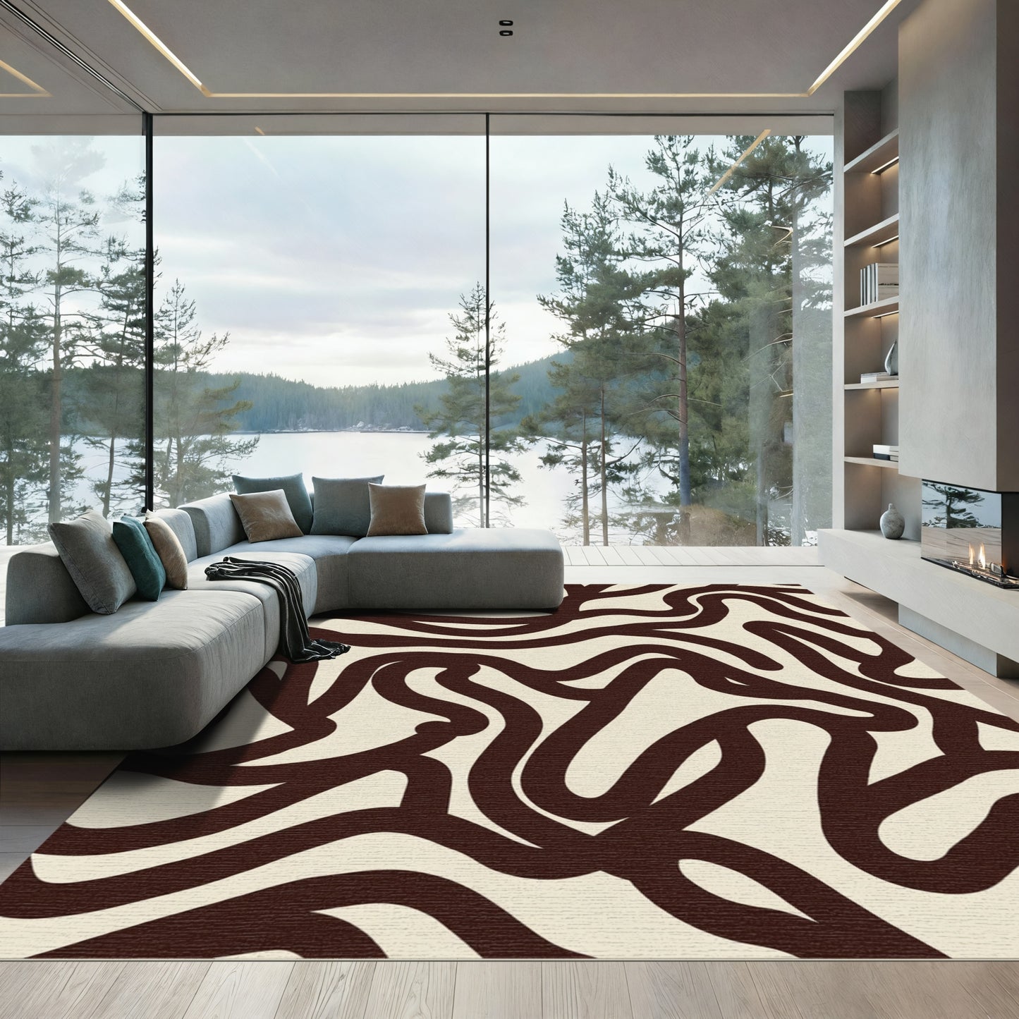 Dark Brown Abstract Wavy Lines Rug
