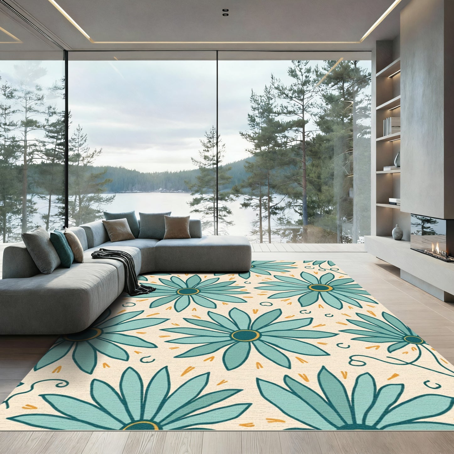Teal Daisy Mid Century Floral Rug