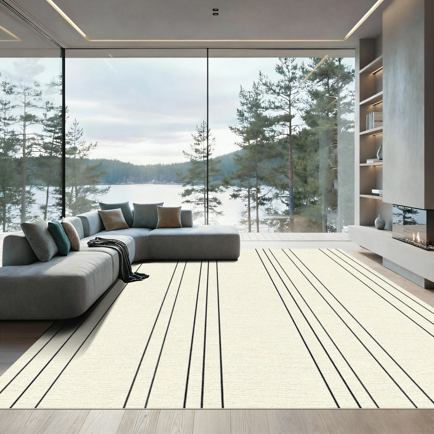 Cream Black Linear Stripe Rug