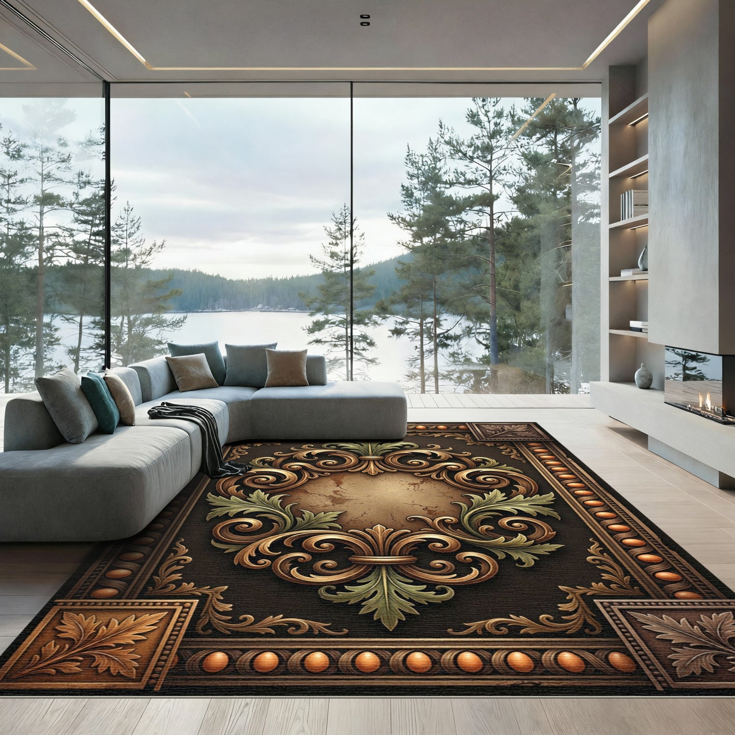 Ornate Golden Scrollwork with Green Accents Rug