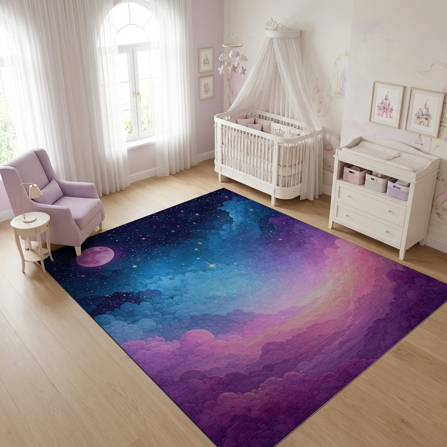 Dreamy Pink Moon Starry Clouds Rug