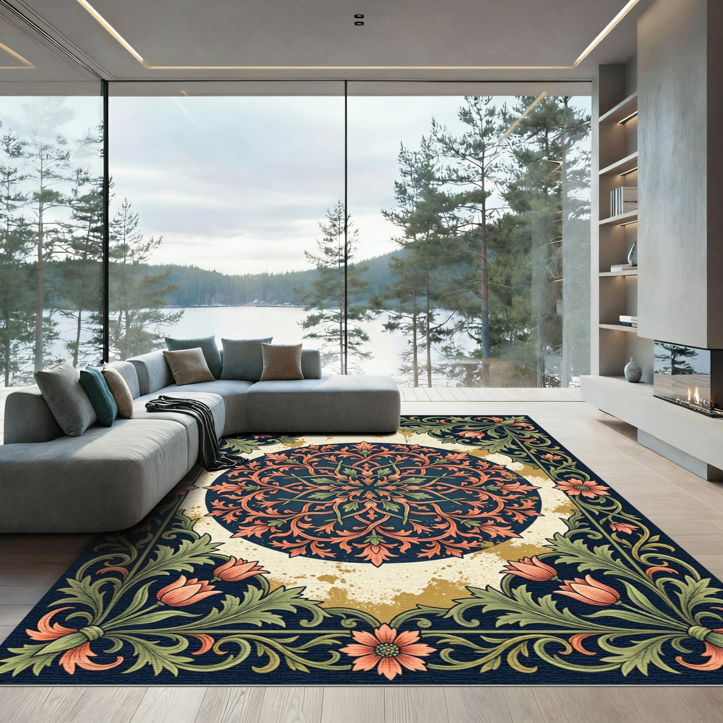 Elegant Navy Floral Mandala Foliage Rug