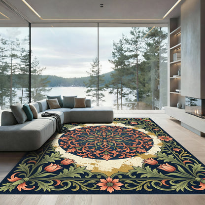 Elegant Navy Floral Mandala Foliage Rug