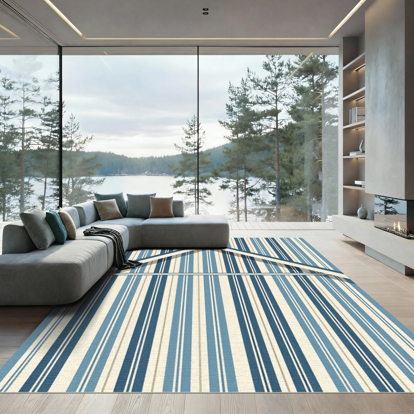 Modern Blue Ivory Linear Gabled Stripe Rug