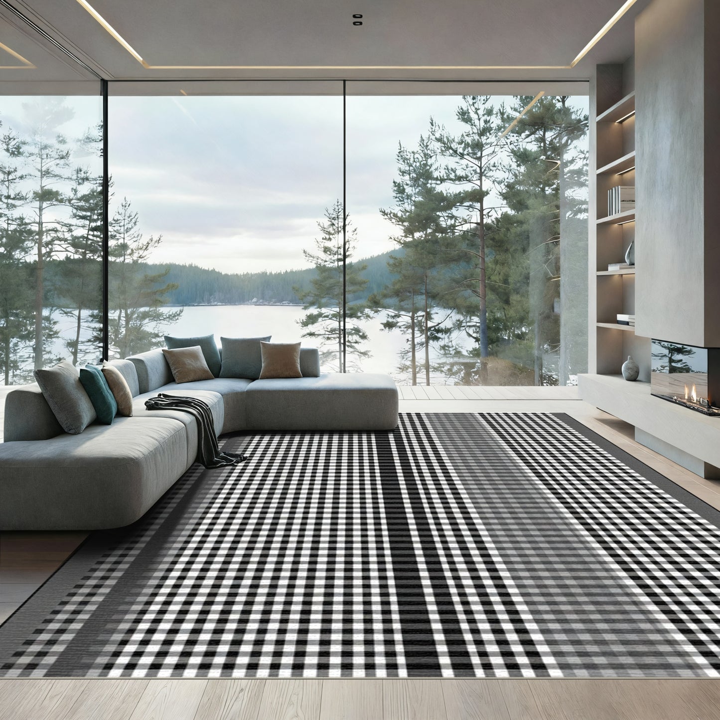 Black White Checked Stripe Texture Rug