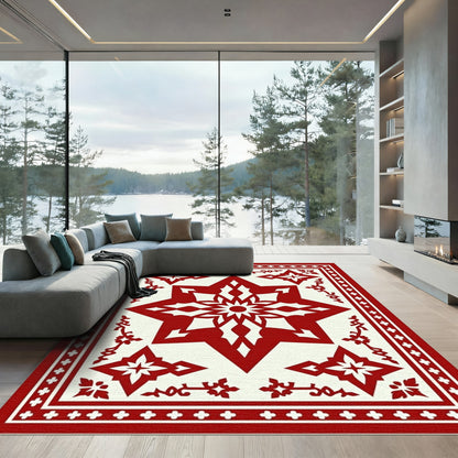 Crimson Starburst Geometric Border Rug