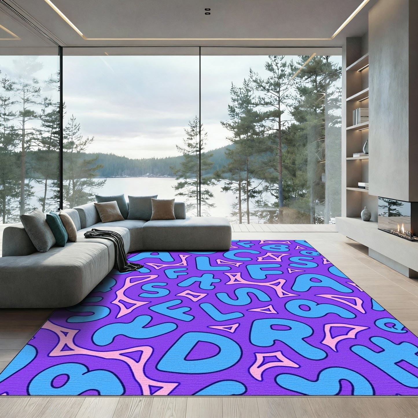Groovy Blue Alphabet Purple Background Rug