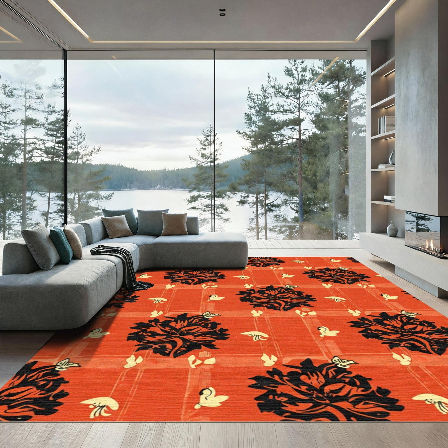 Bold Black Floral Garden Butterfly Rug