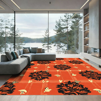 Bold Black Floral Garden Butterfly Rug