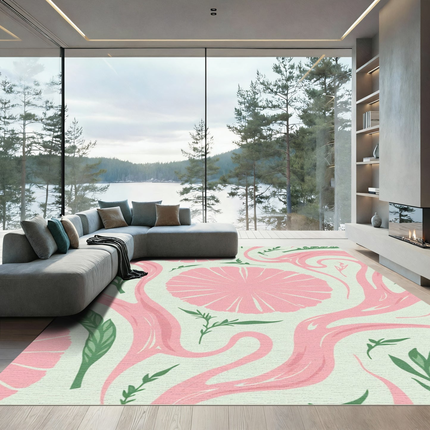 Pink Floral Swirls Green Leaves Rug