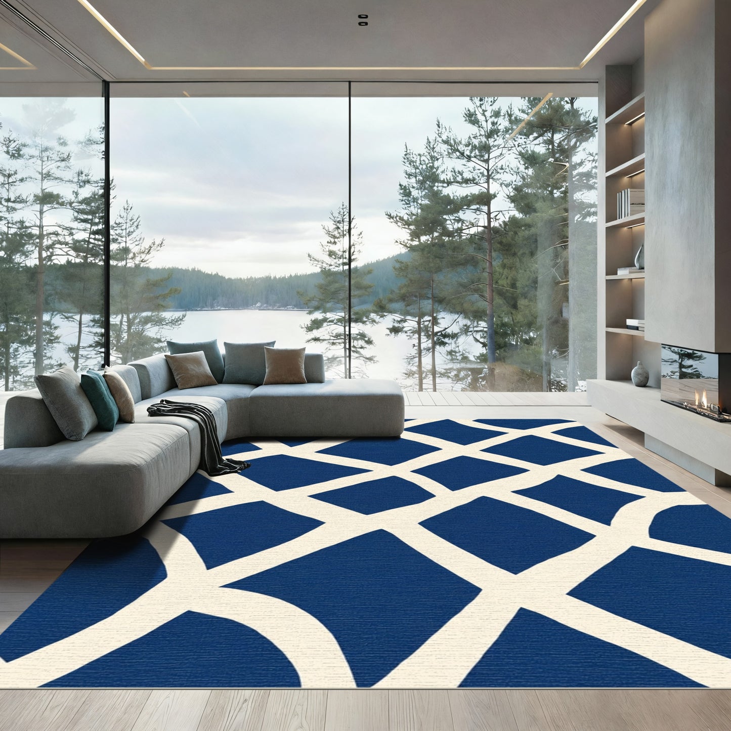 Deep Blue And Cream Organic Grid Rug
