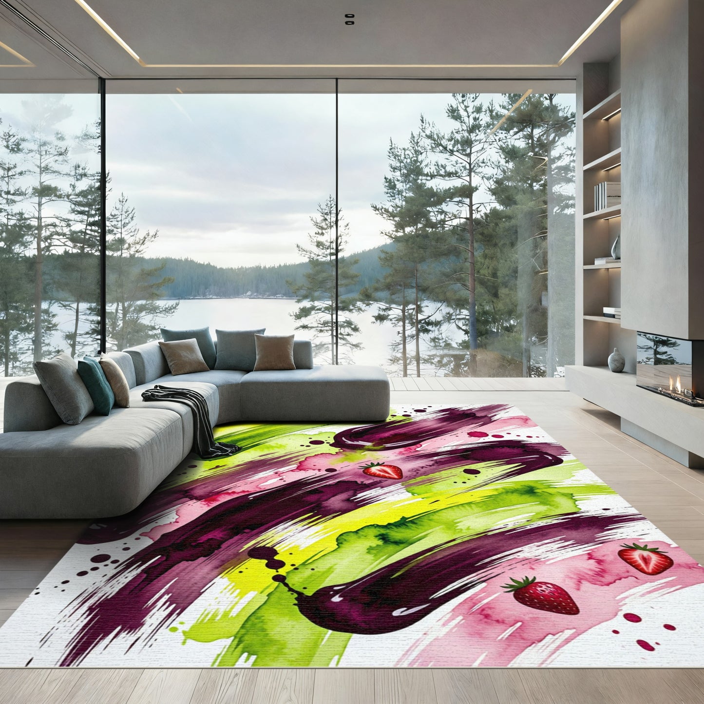 Abstract Strawberry Splash Watercolor Art Rug