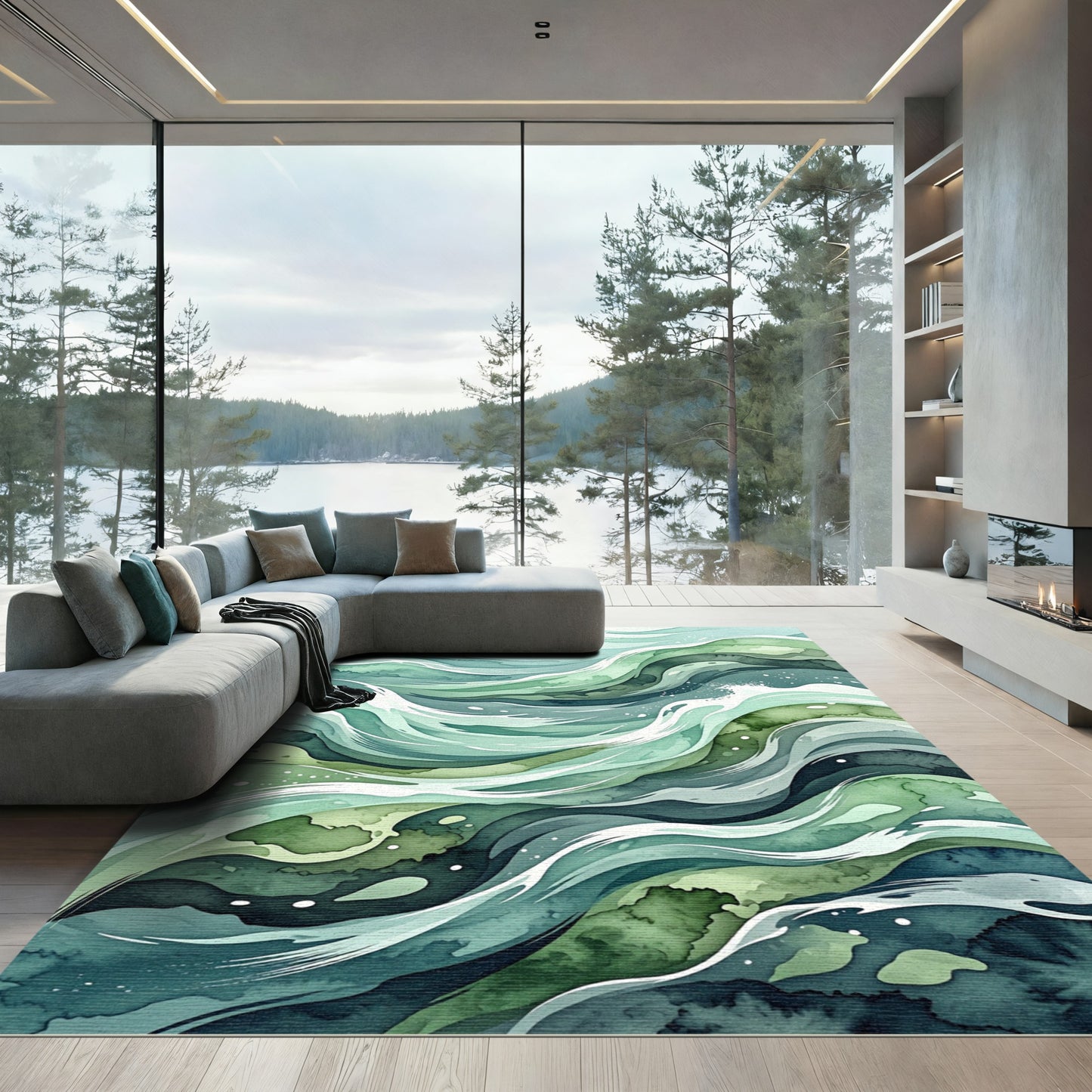 Abstract Flowing Emerald Ocean Wave Rug