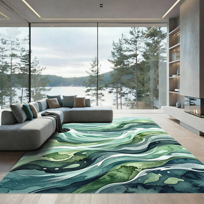 Abstract Flowing Emerald Ocean Wave Rug