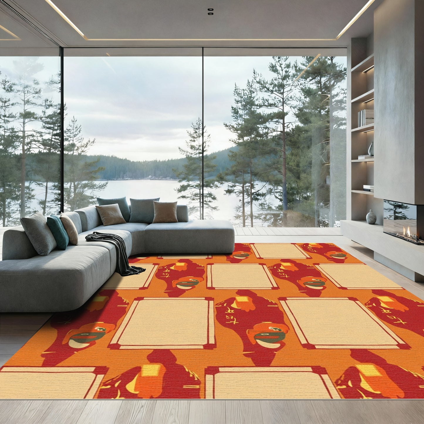 Red Ochre Abstract Figures with Panels Rug