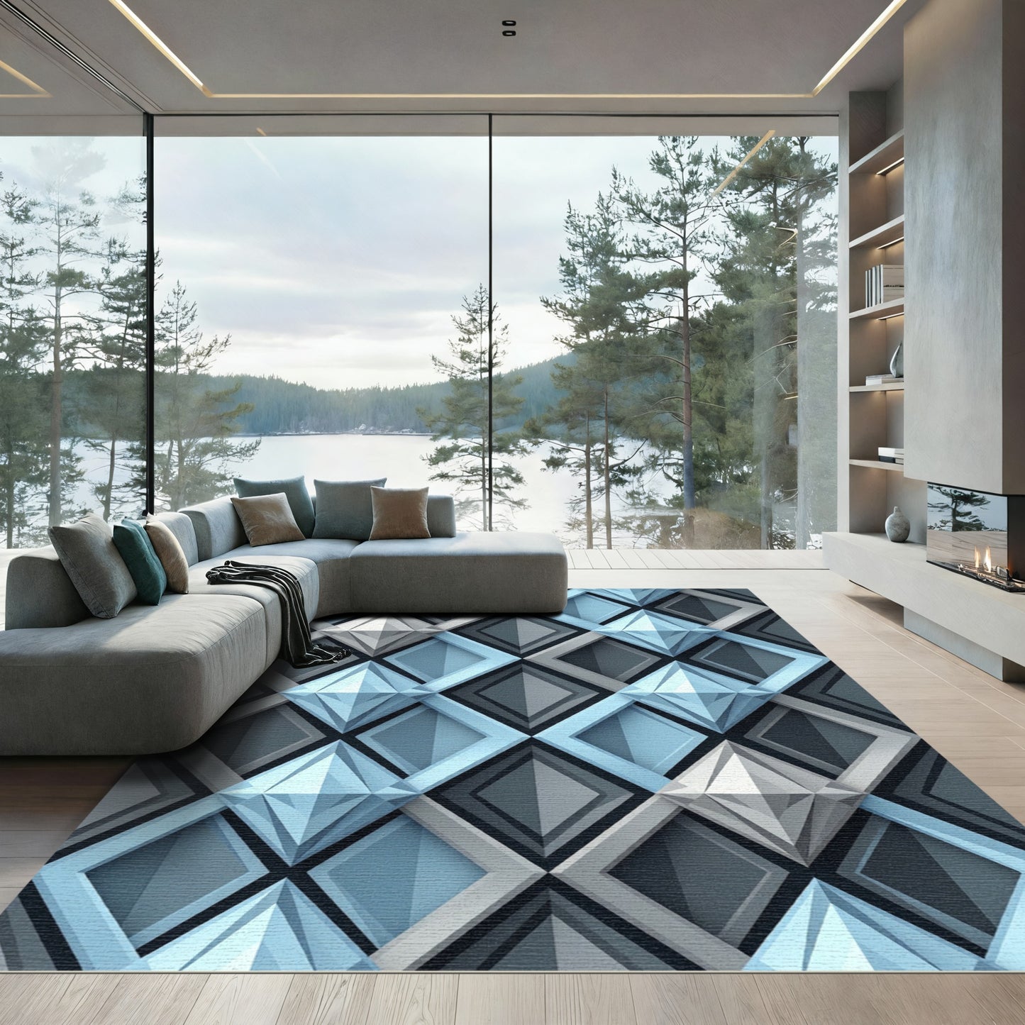 Modern Geometric Diamond Luminous Blue Rug