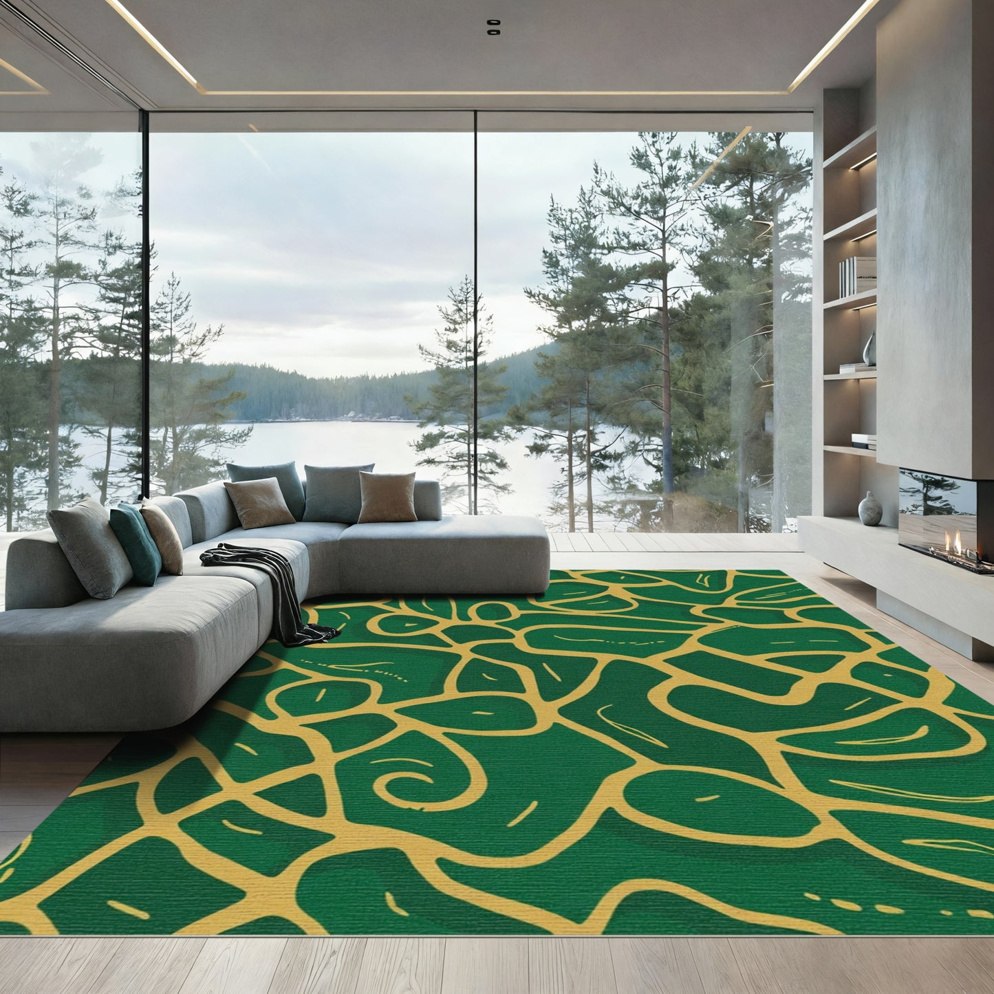 Emerald Gold Abstract Organic Flow Rug