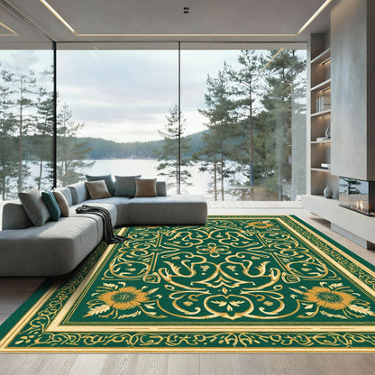 Emerald Golden Floral Intricate Border Rug