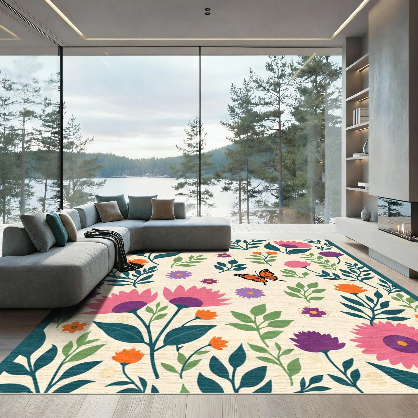 Vibrant Floral Butterfly Garden Delight Rug