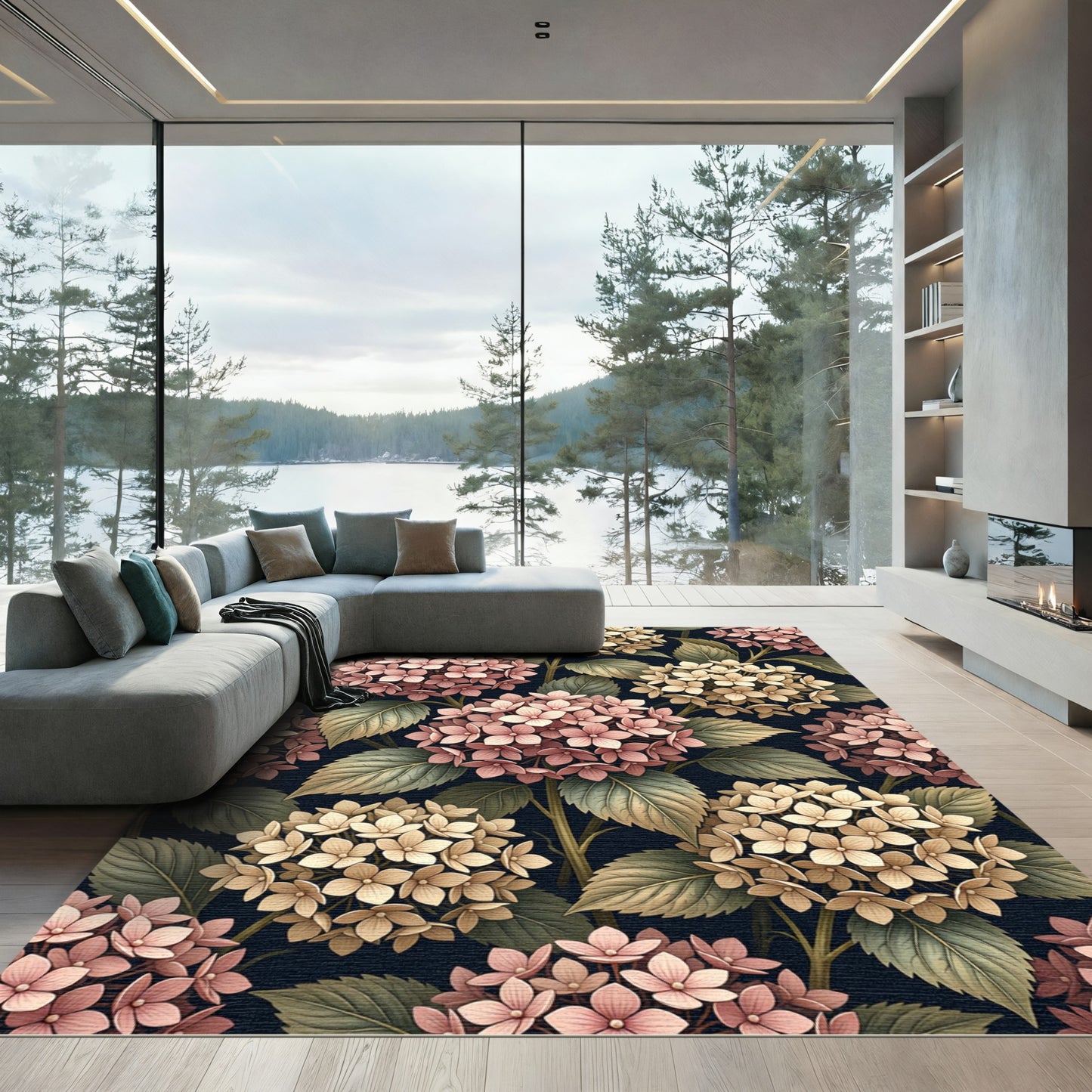Vintage Blush Hydrangea Botanical Bloom Rug