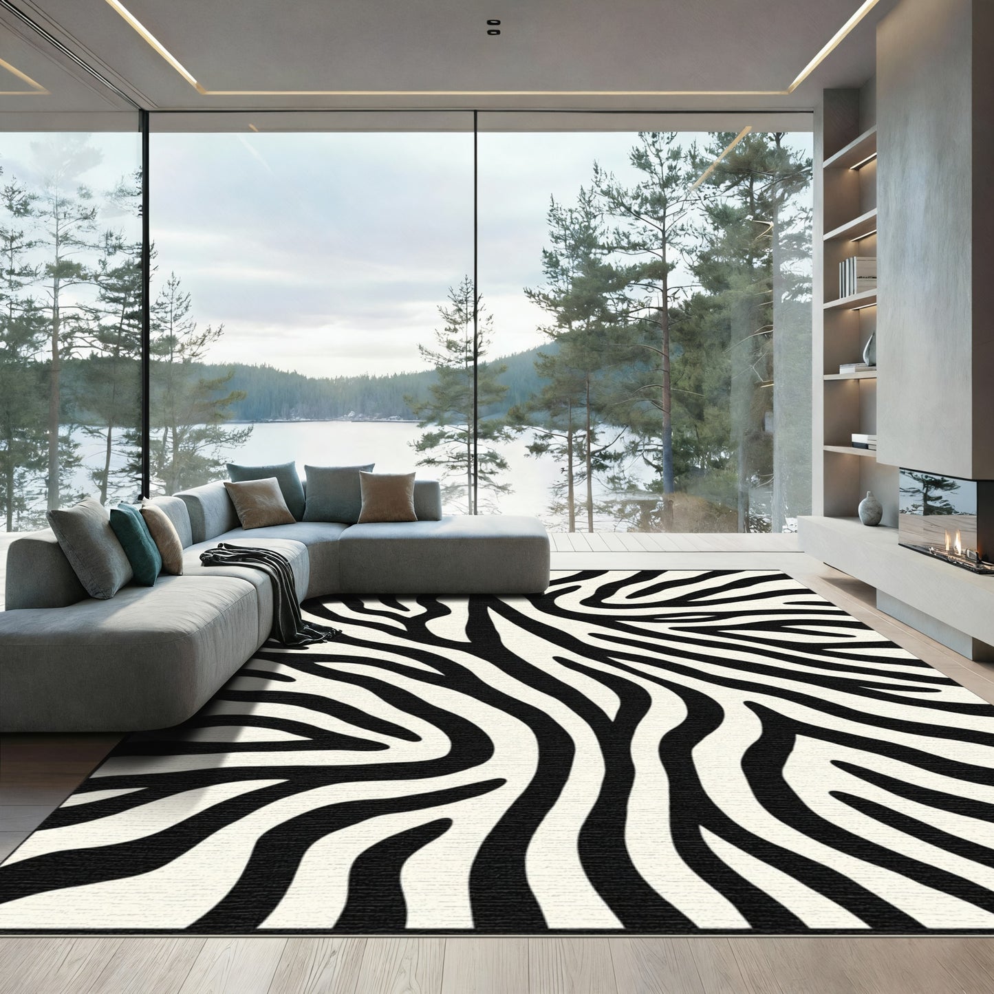 Abstract Black White Curving Stripes Rug