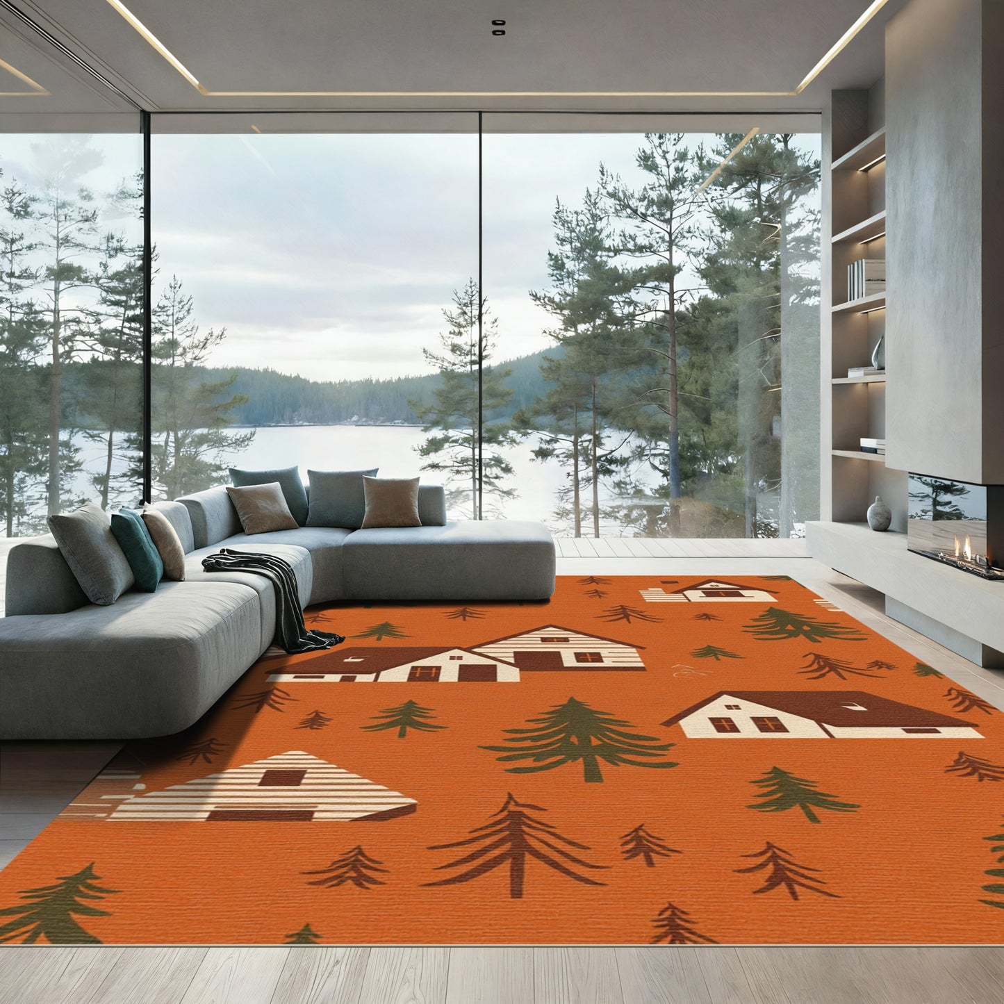 Rustic Woodland Village Forest Scene Rug