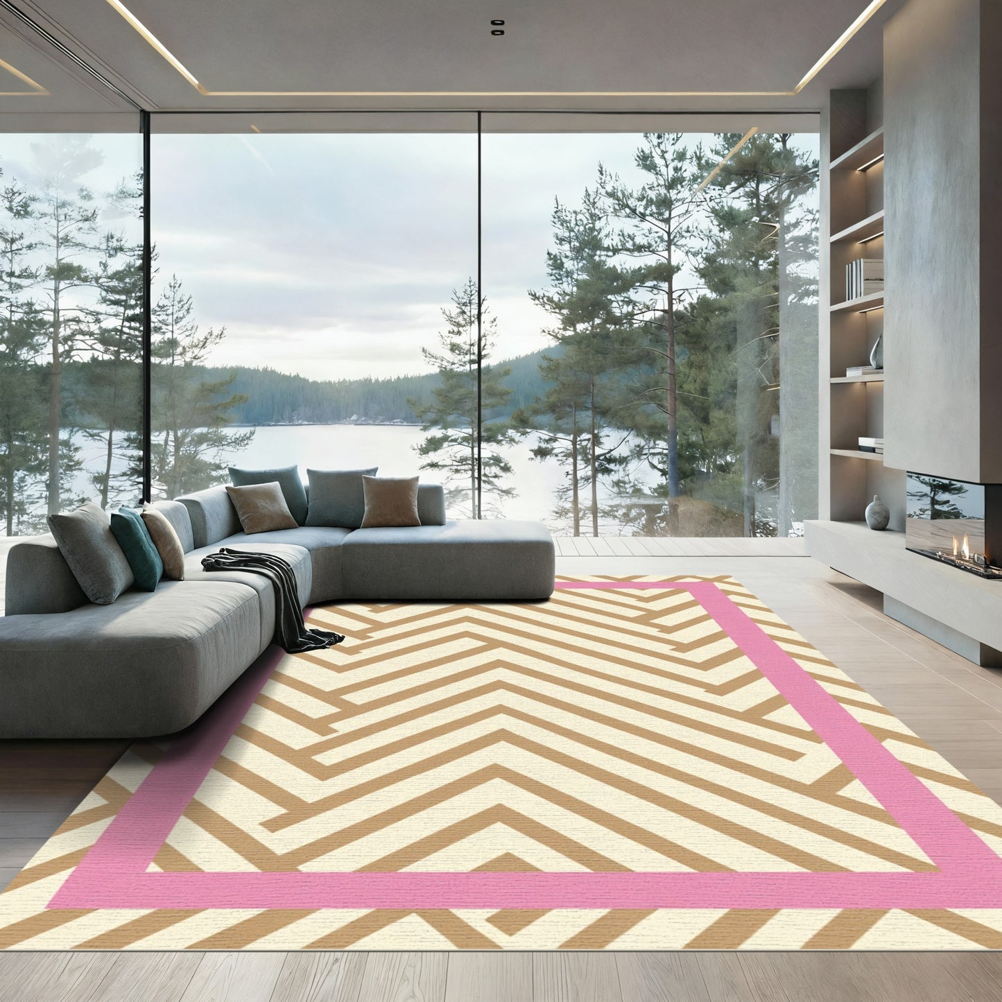 Pink Bordered Herringbone Lines Rug