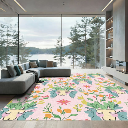 Whimsical Floral Cat Face Pink Rug