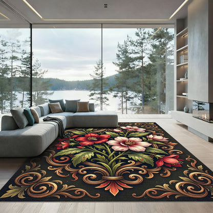 Crimson Ivory Floral Scrollwork Rug