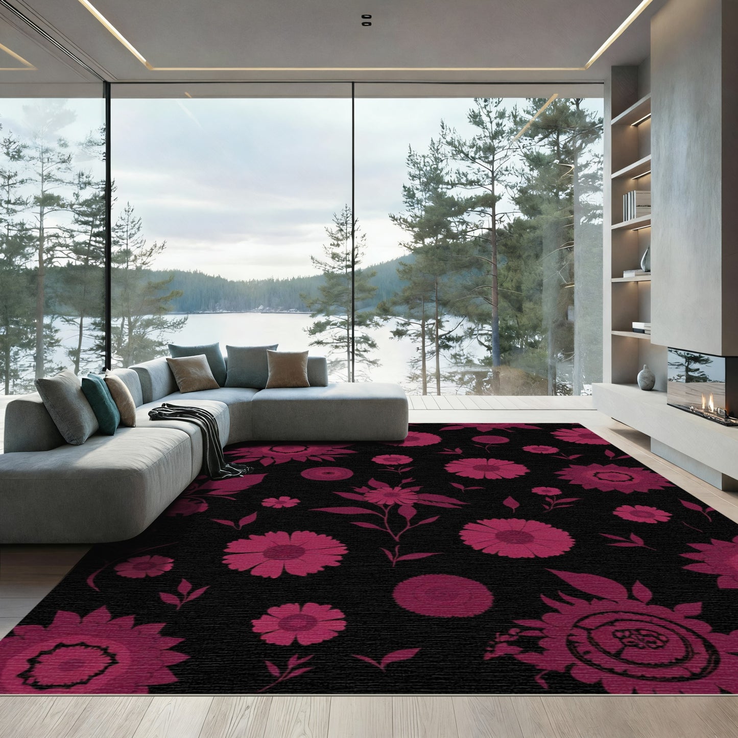 Crimson Floral Medallions Black Ground Rug