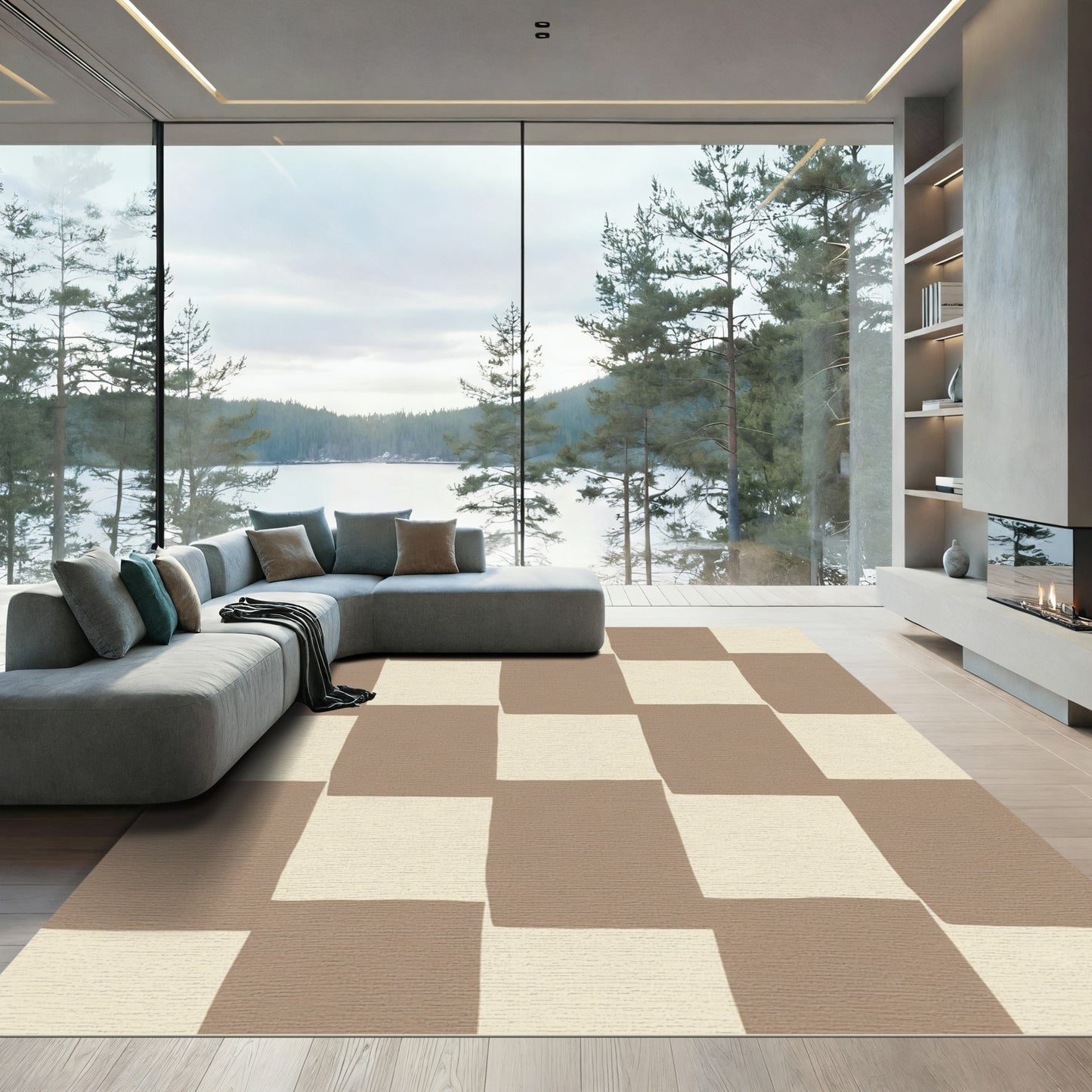 Chic Beige Checkerboard Squares Rug