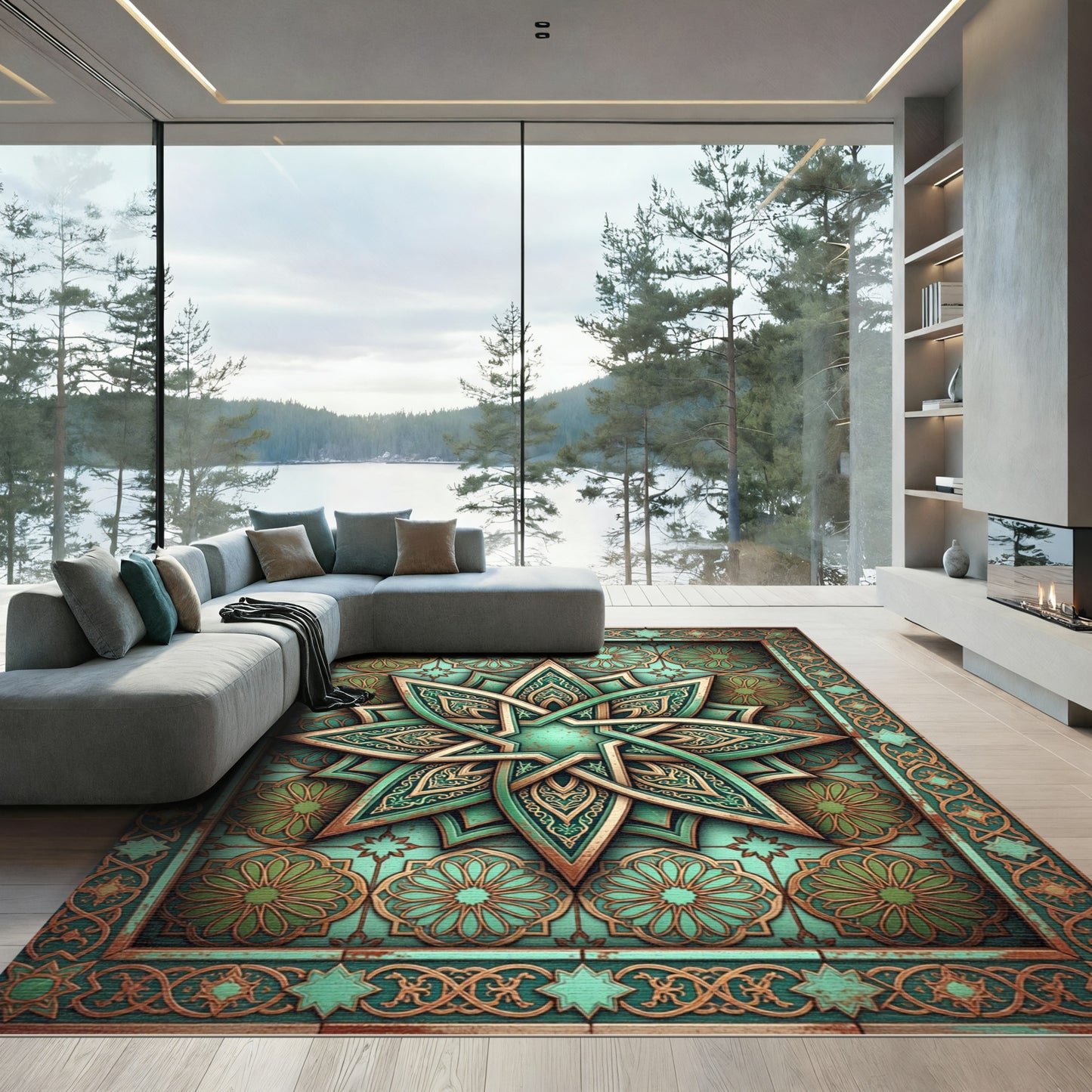 Teal and Bronze Starburst Medallion Rug
