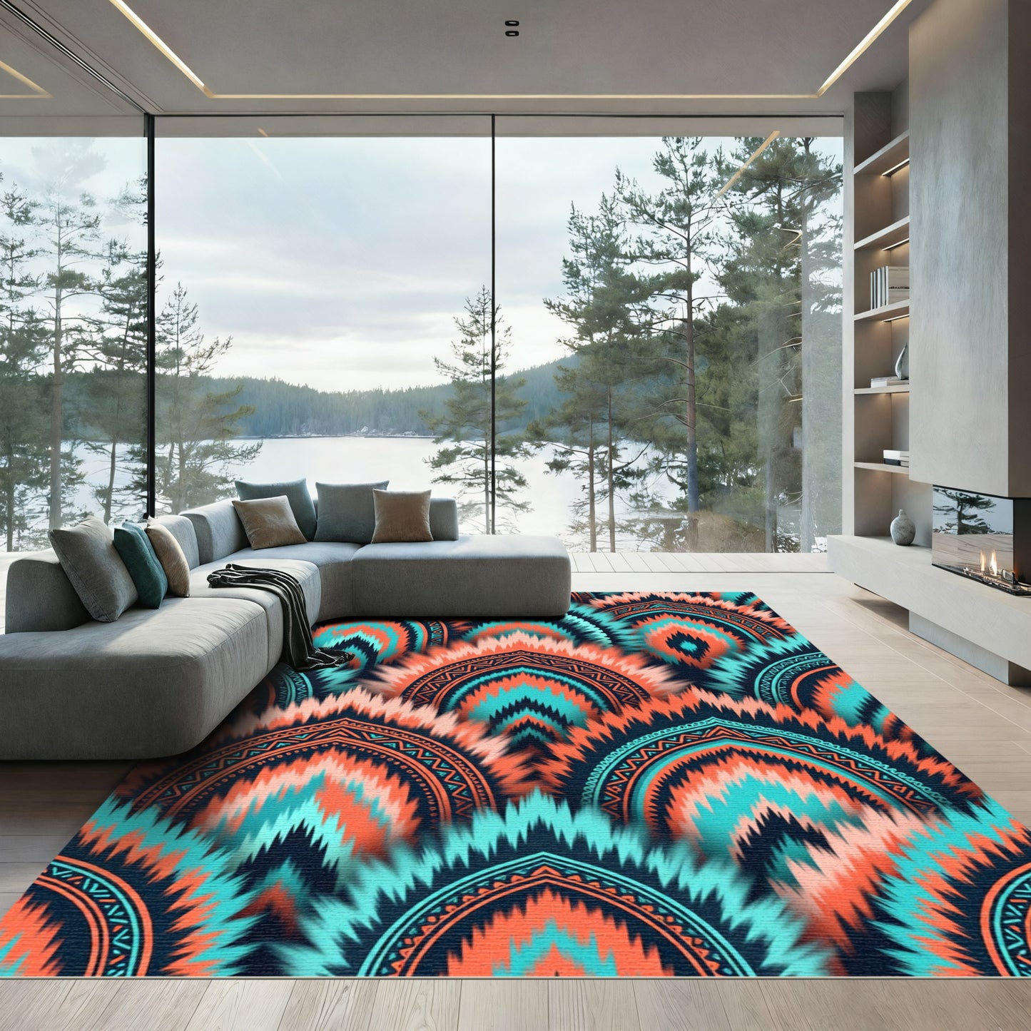 Vibrant Coral Teal Arch Mandala Rug