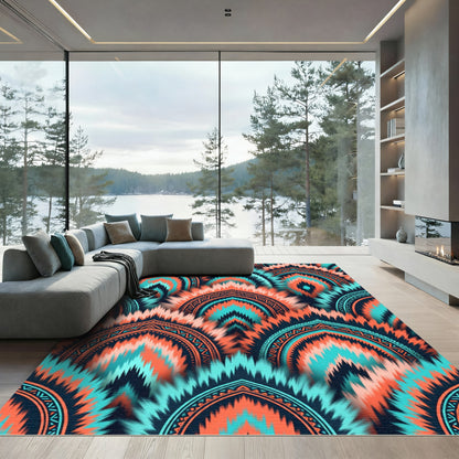 Vibrant Coral Teal Arch Mandala Rug