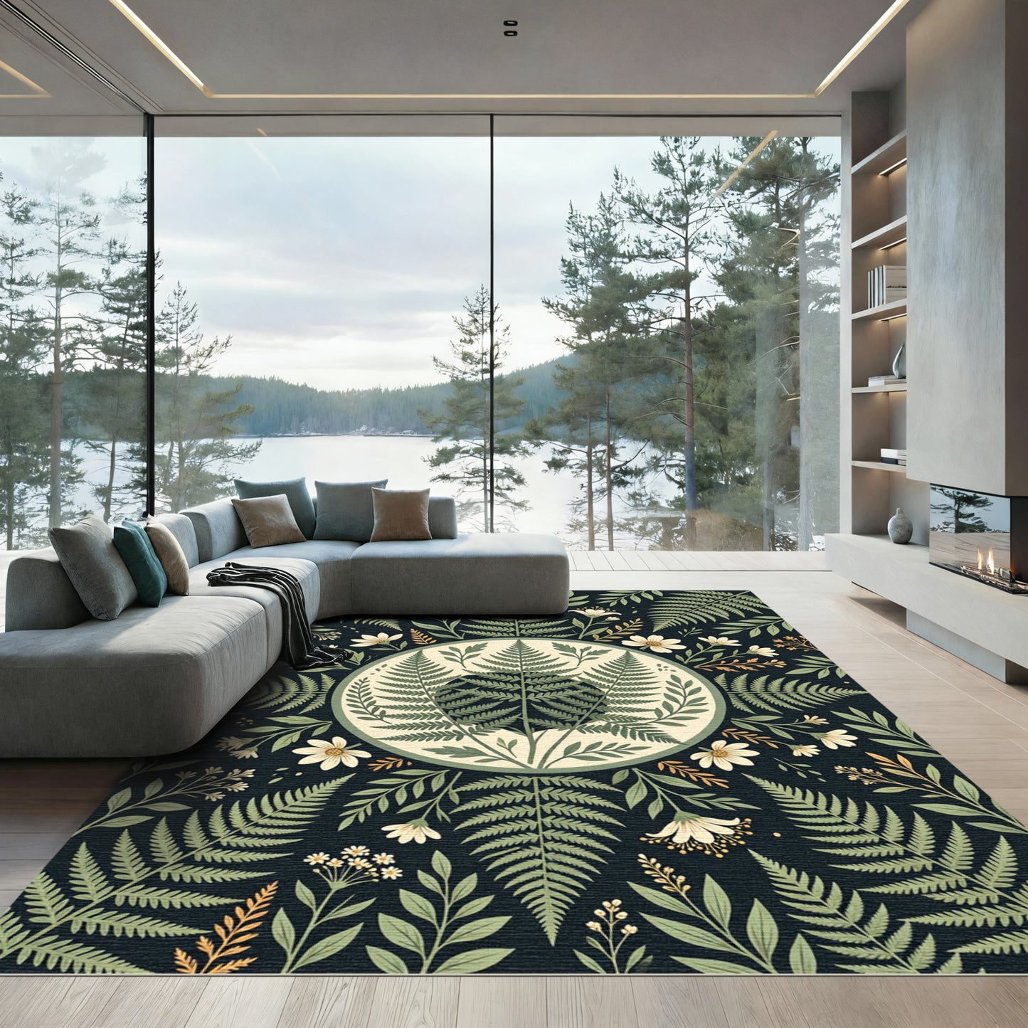 Sage Fern Botanical Midnight Circle Rug