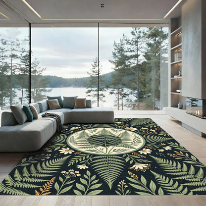 Sage Fern Botanical Midnight Circle Rug