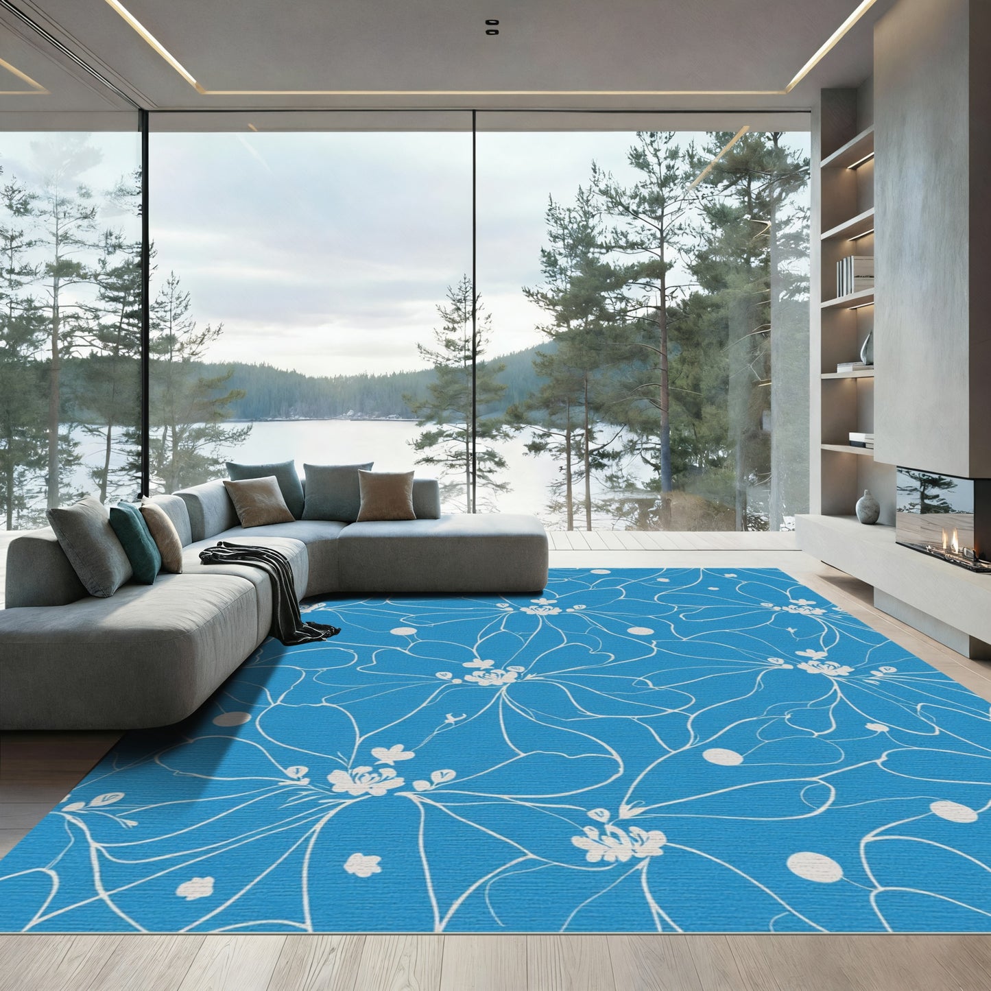 Azure Sketchy Floral Abstract Layout Rug