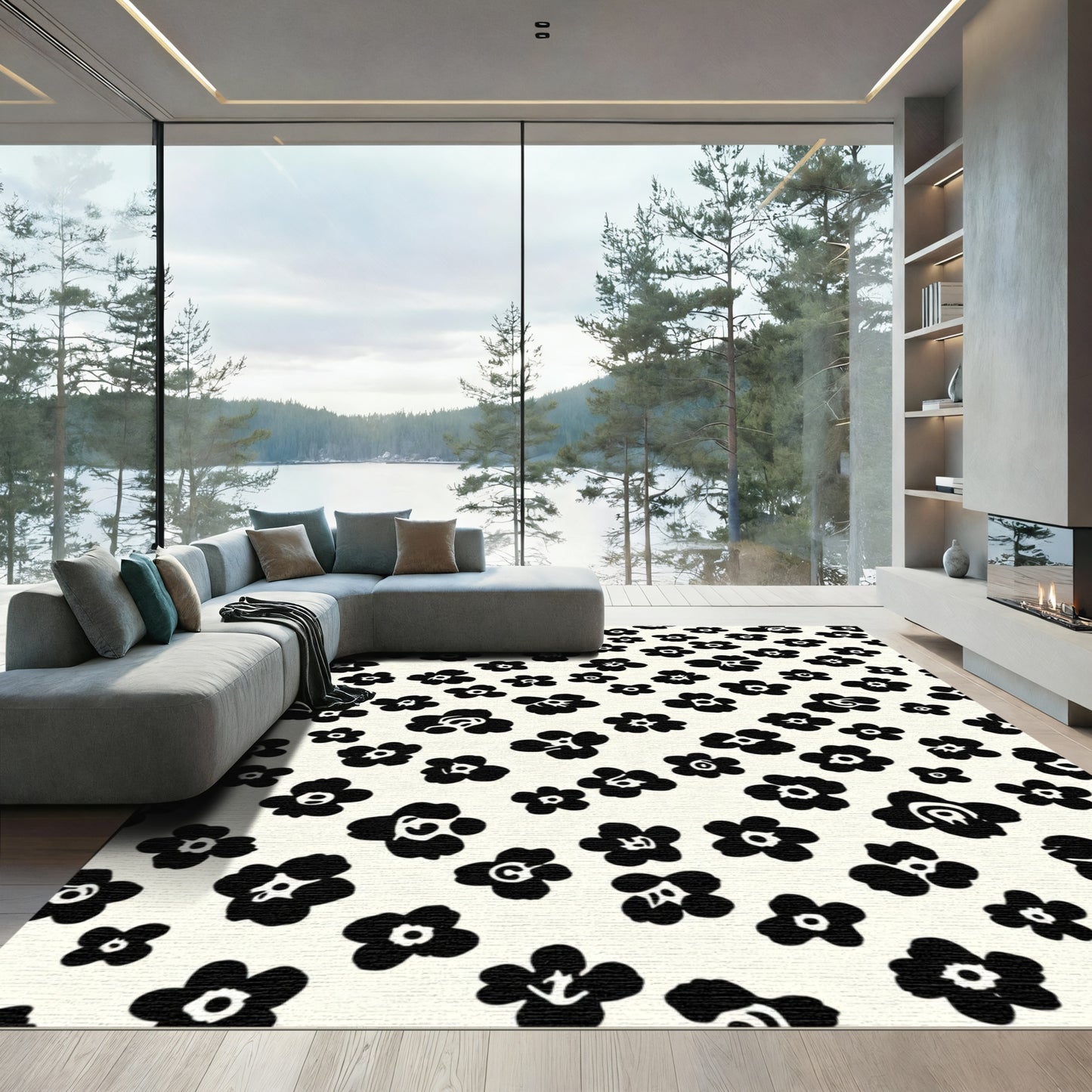 Bold Black Floral Imprint Background Rug